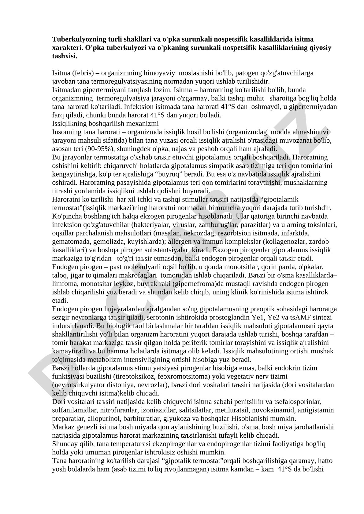 Tuberkulyozning turli shakllari va o'pka surunkali nospetsifik kasalliklarida isitma xarakteri
