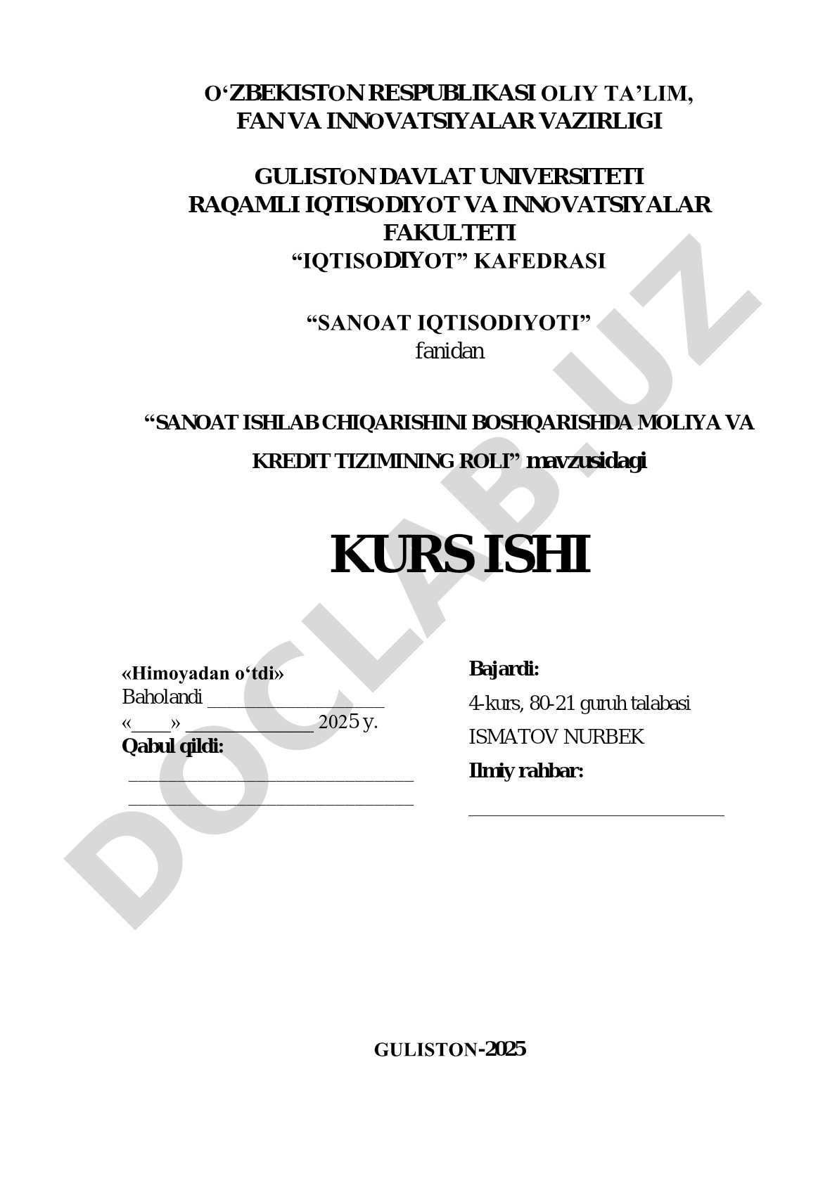Sanoat ishlab chiqarishini boshqarishda moliya va kredit tizimining roli