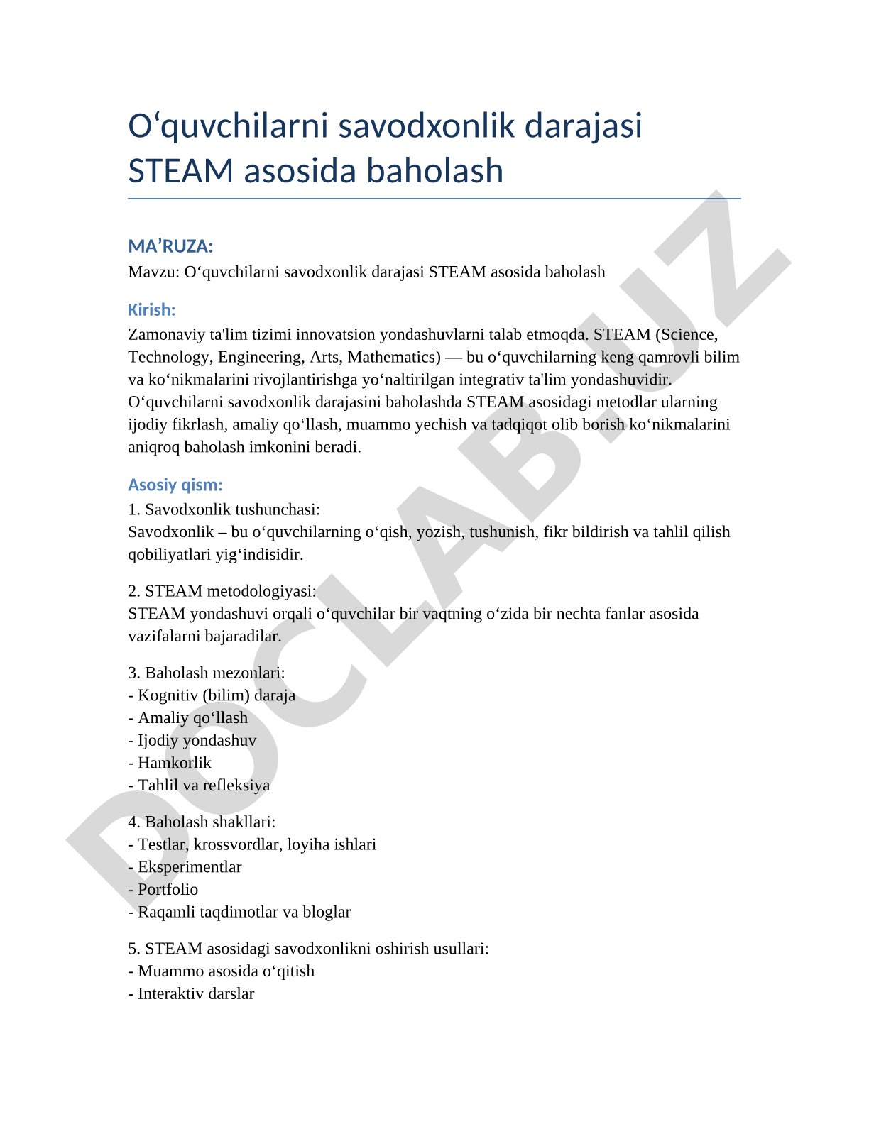 O'quvchilarni savodxonlik darajasi STEAM asosida baholash