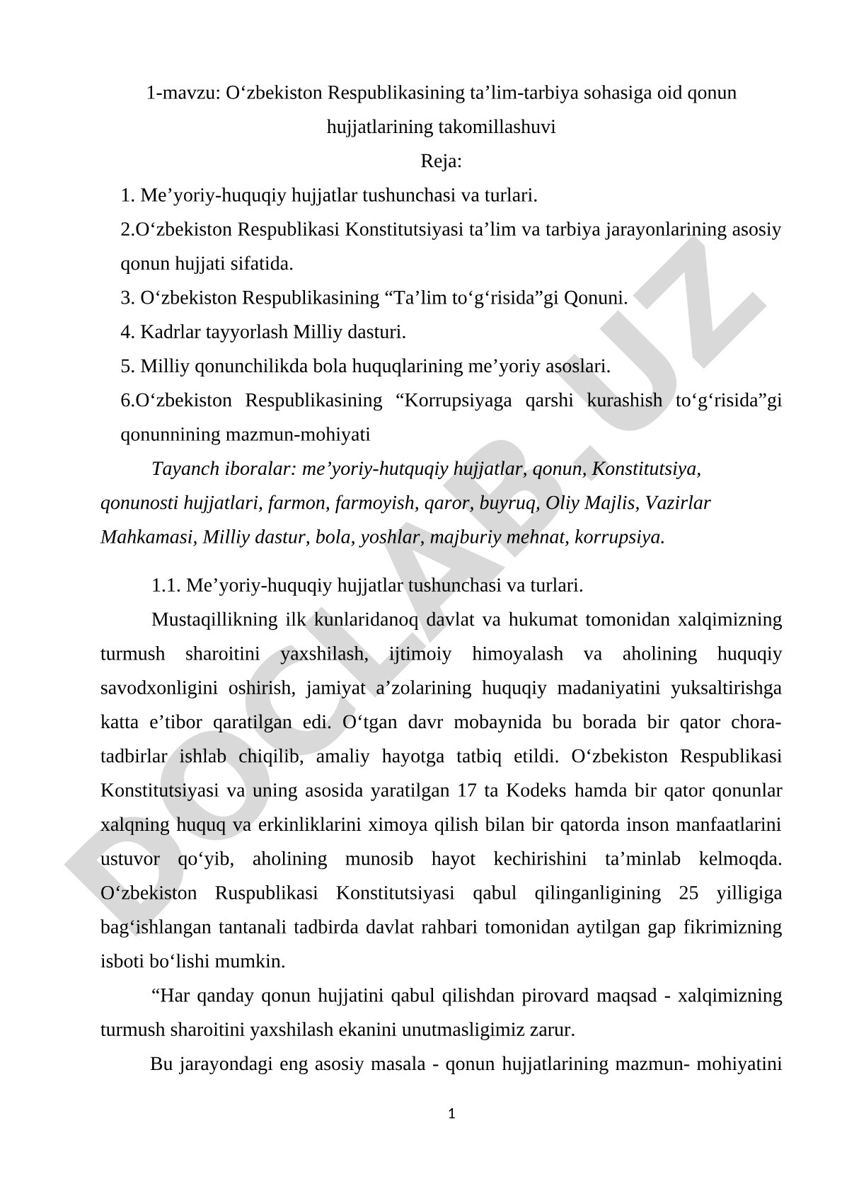 O‘zbekiston Respublikasining ta’lim-tarbiya sohasiga oid qonun hujjatlarining takomillashuvi
