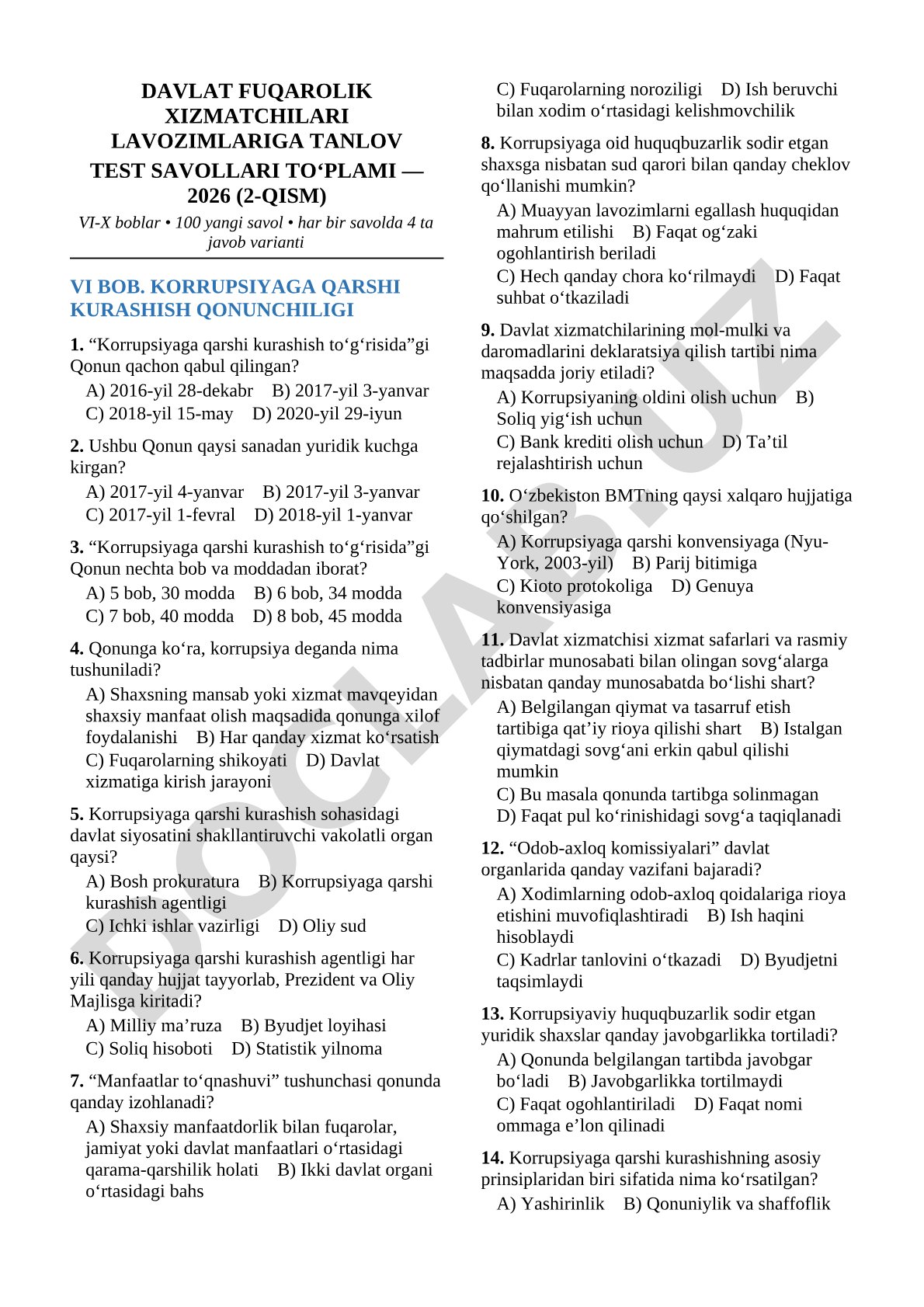 Davlat fuqarolik xizmatchilari lavozimlariga tanlov test savollari to‘plami — 2026 (2-qism)