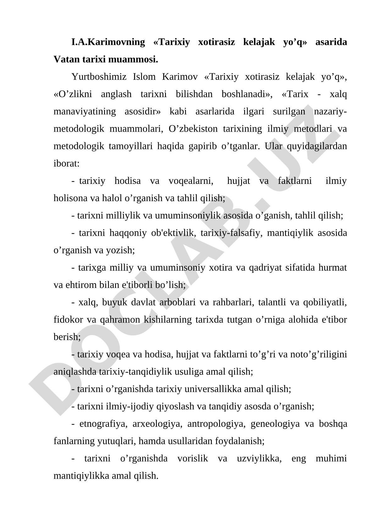I.A.Karimovning «Tarixiy xotirasiz kelajak yo'q» asarida Vatan tarixi muammosi