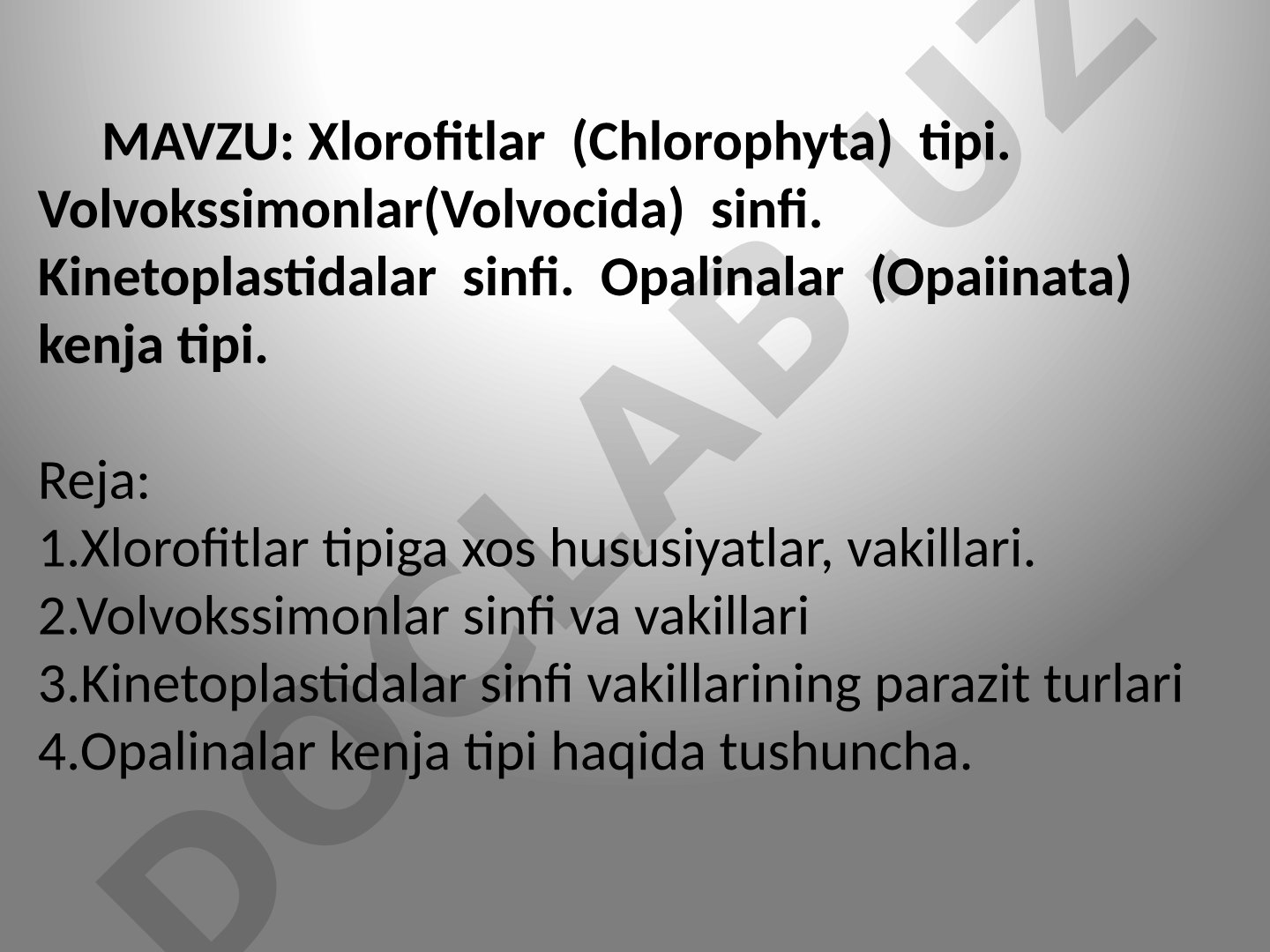 Xlorofitlar (Chlorophyta) tipi. Volvokssimonlar (Volvocida) sinfi. Kinetoplastidalar sinfi. Opalinalar (Opalinata) kenja tipi