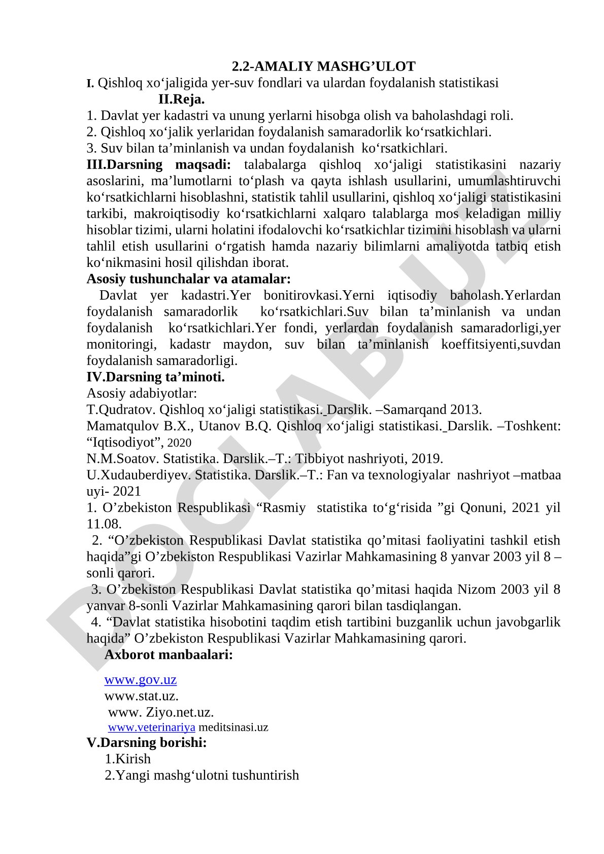 Qishloq xo‘jaligida yer-suv fondlari va ulardan foydalanish statistikasi