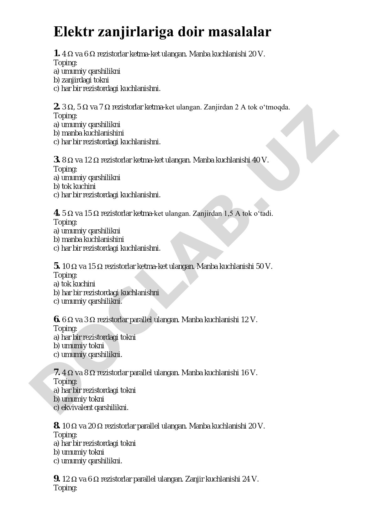 Elektr zanjirlariga doir masalalar