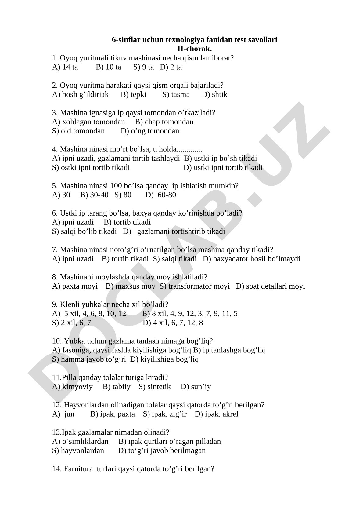 6-sinflar uchun texnologiya fanidan test savollari II-chorak