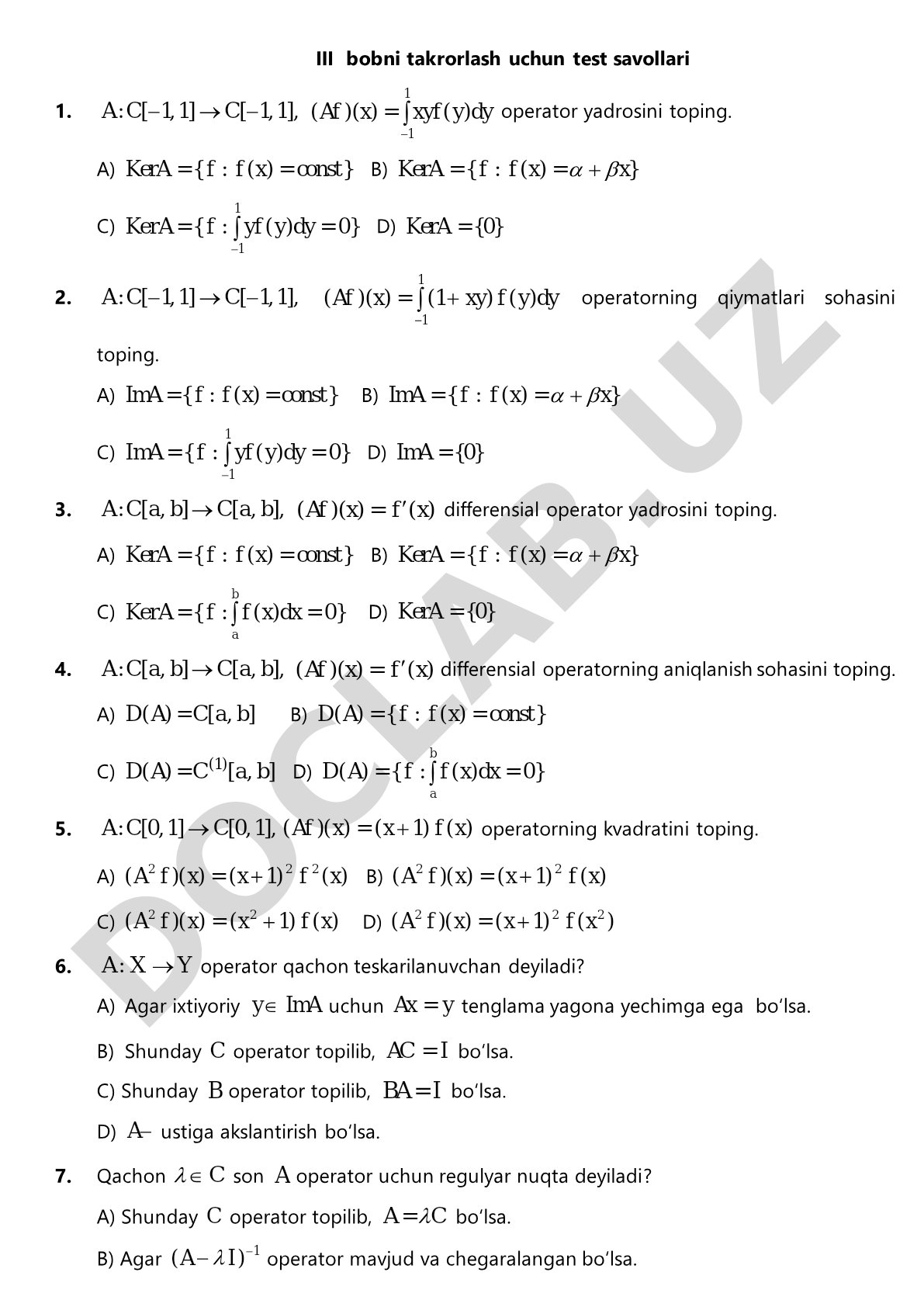 III bobni takrorlash uchun test savollari