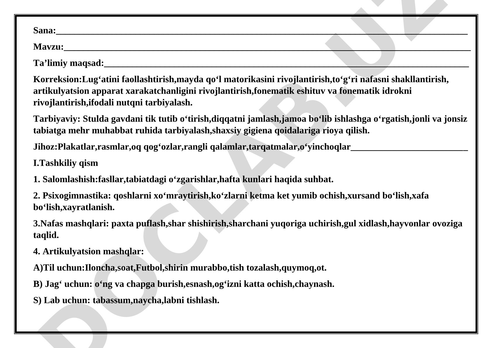 Korreksion mashg‘ulot: nutq, nafas va artikulyatsiyani rivojlantirish