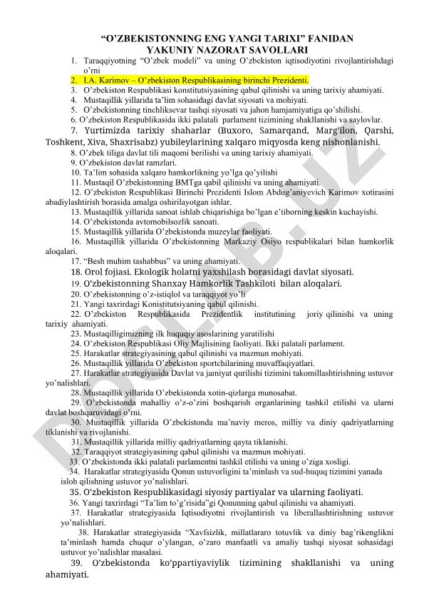 O'zbekistonning eng yangi tarixi fanidan yakuniy nazorat savollari