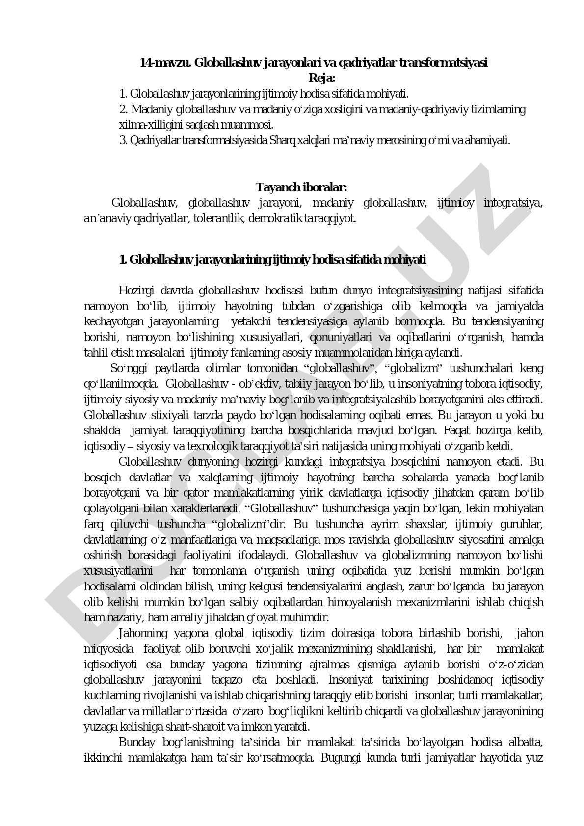 Globallashuv jarayonlari va qadriyatlar transformatsiyasi