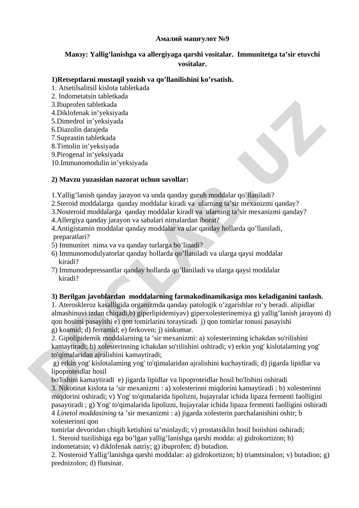 Yallig'lanishga va allergiyaga qarshi vositalar. Immunitetga ta'sir etuvchi vositalar