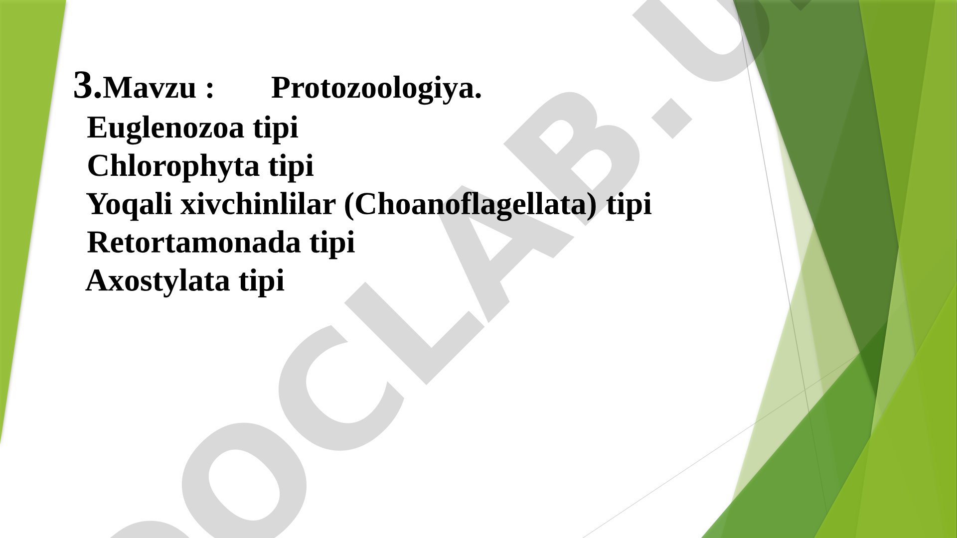 Protozoologiya. Euglenozoa tipi Chlorophyta tipi Yoqali xivchinlilar (Choanoflagellata) tipi Retortamonada tipi Axostylata tipi Hayvonlarning ko’payishi.