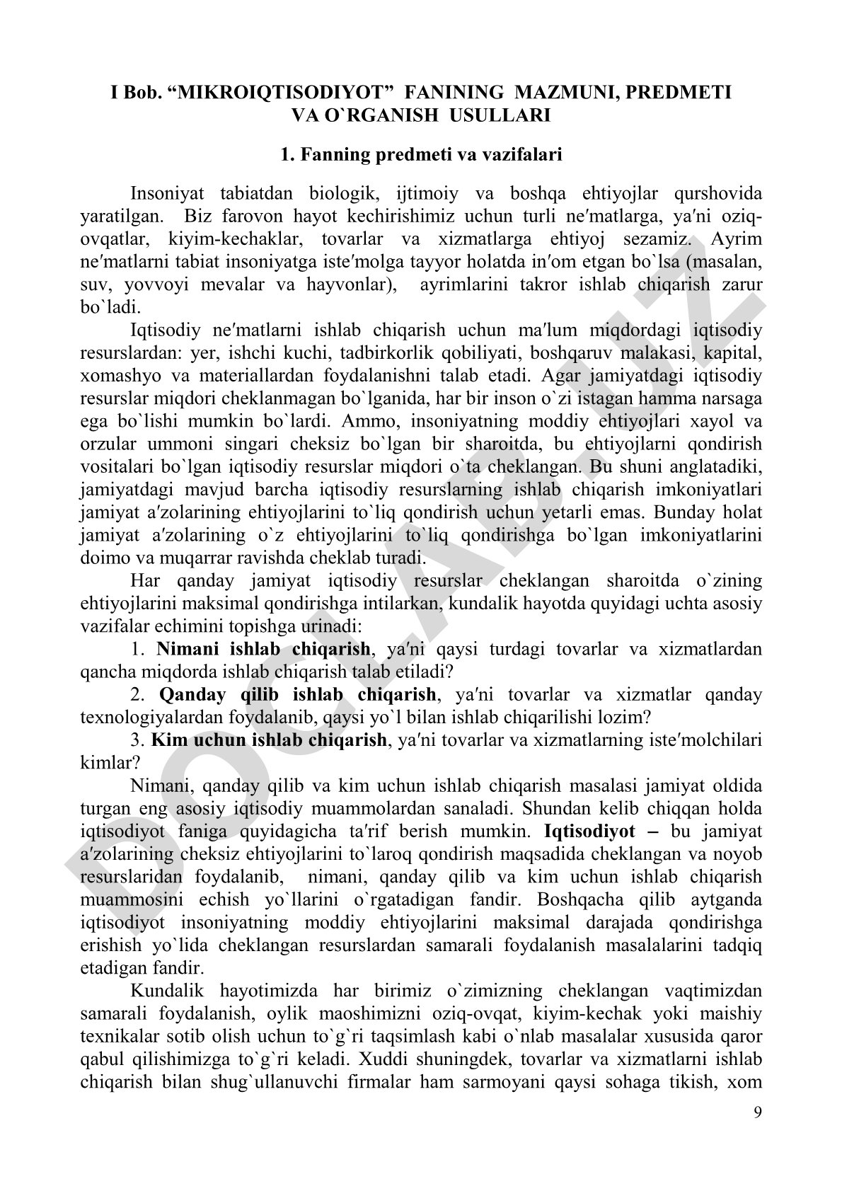 Mikroiqtisodiyot fanining mazmuni, predmeti va o'rganish usullari