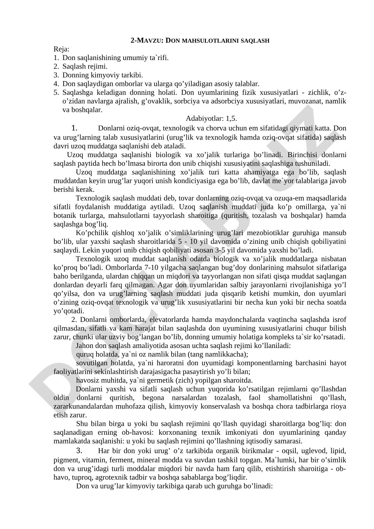 Don saqlash rejimi, kimyoviy tarkibi, omborlar va fizik xususiyatlar haqida ma'lumot