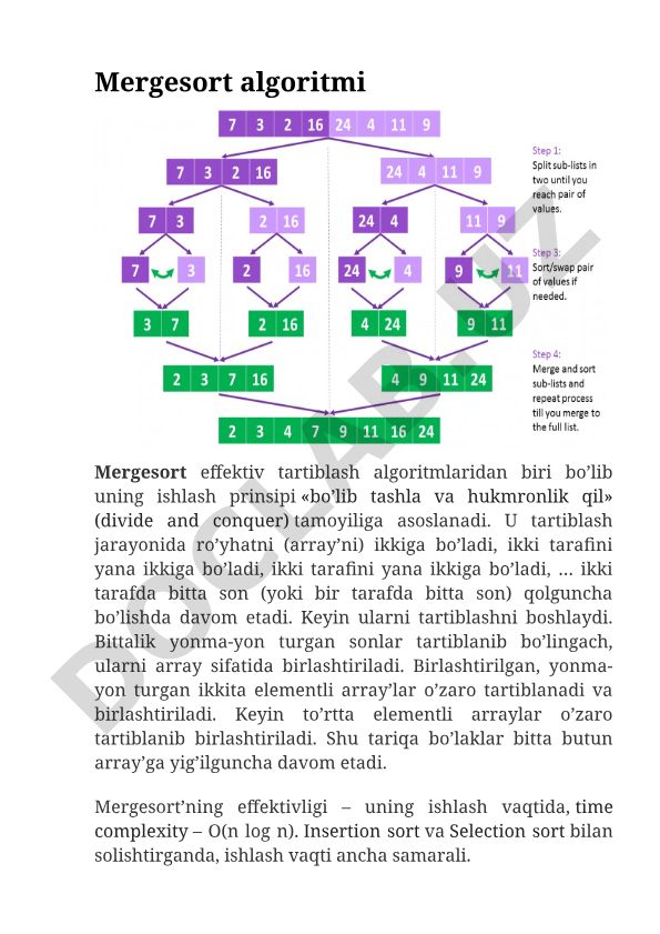 Mergesort algoritmi va uning ishlash prinsipi