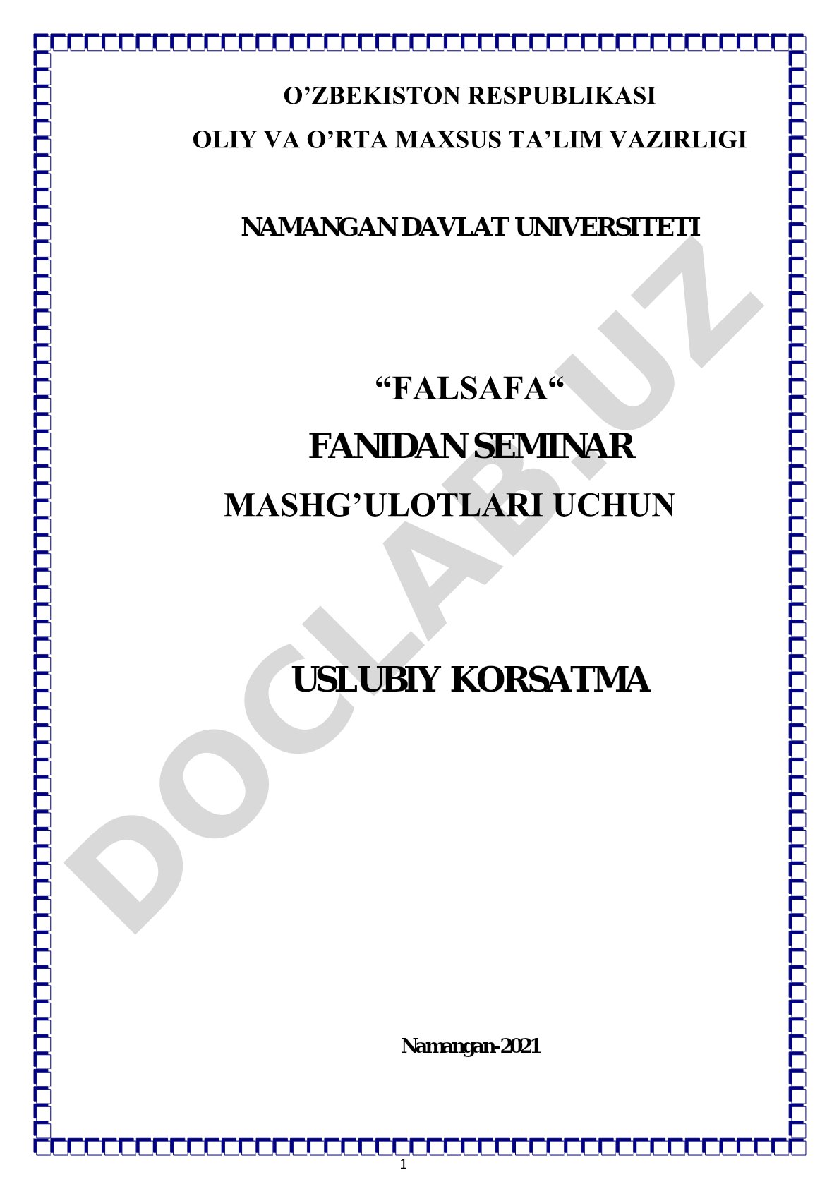 Falsafa fanidan seminar mashg'ulotlari uchun uslubiy ko'rsatma