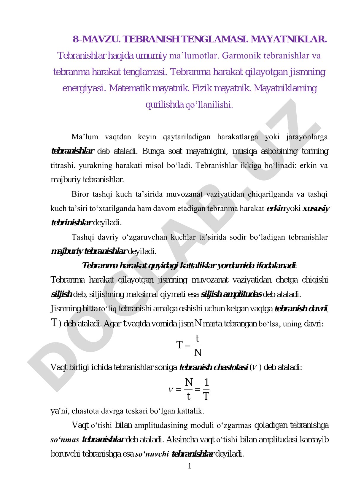 Tebranish tenglamasi. Mayatniklar
