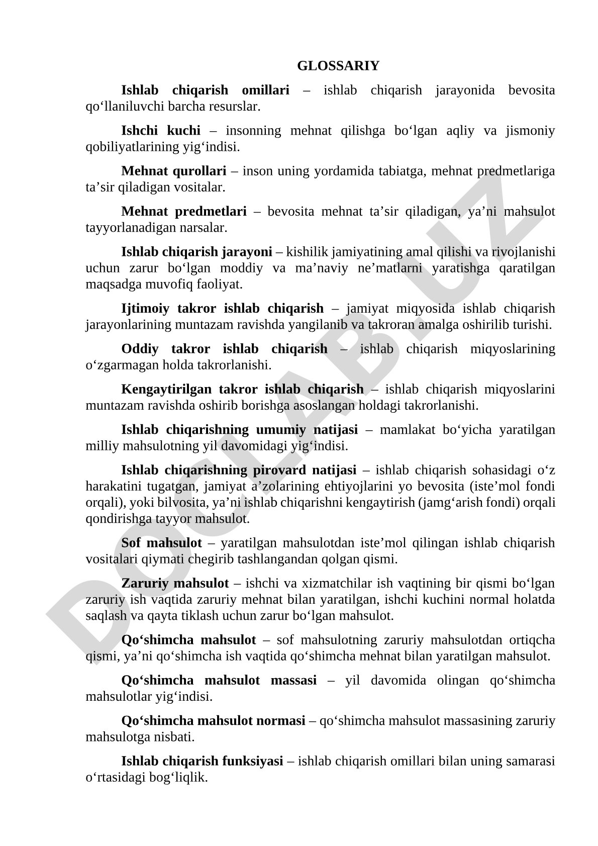 Ishlab chiqarish omillari glossariy