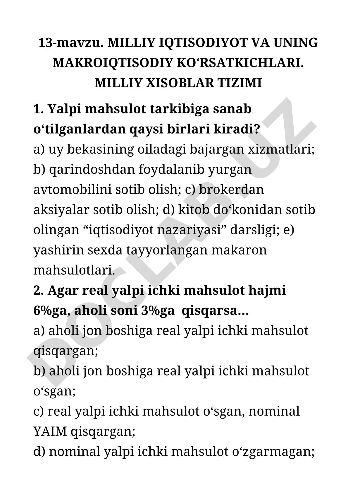 Milliy iqtisodiyot va uning makroiqtisodiy ko‘rsatkichlari. Milliy hisoblar tizimi