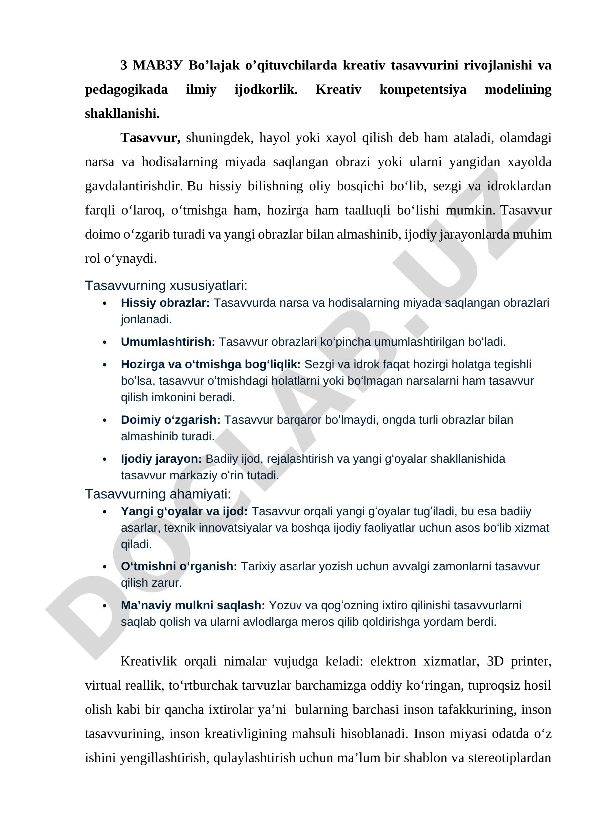 Bo'lajak o'qituvchilarda kreativ tasavvurini rivojlanishi va pedagogikada ilmiy ijodkorlik