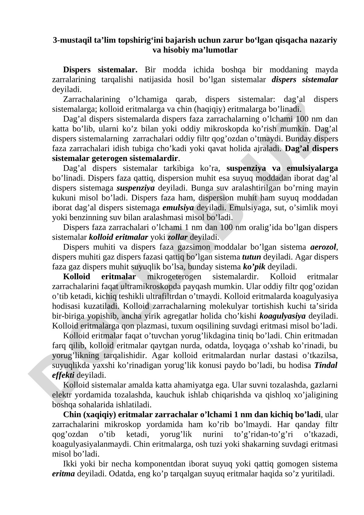 Dispers sistemalar turlari va xususiyatlari