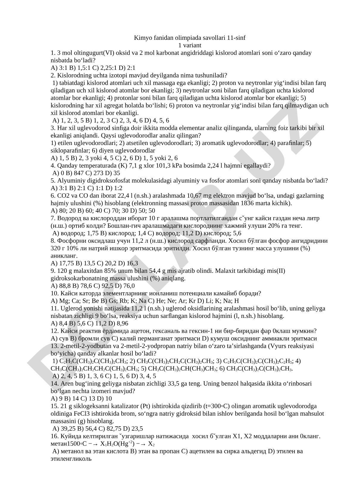 Kimyo fanidan olimpiada savollari 11-sinf 1 variant