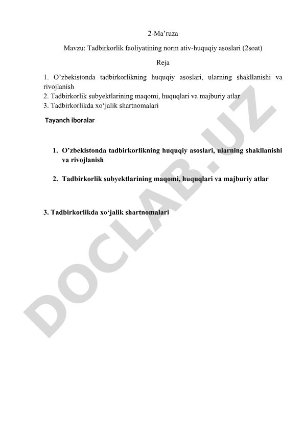 Tadbirkorlik faoliyatining normativ-huquqiy asoslari