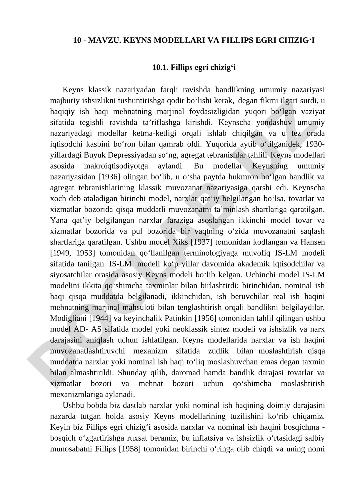 KEYNS MODELLARI VA FILLIPS EGRI CHIZIG‘I