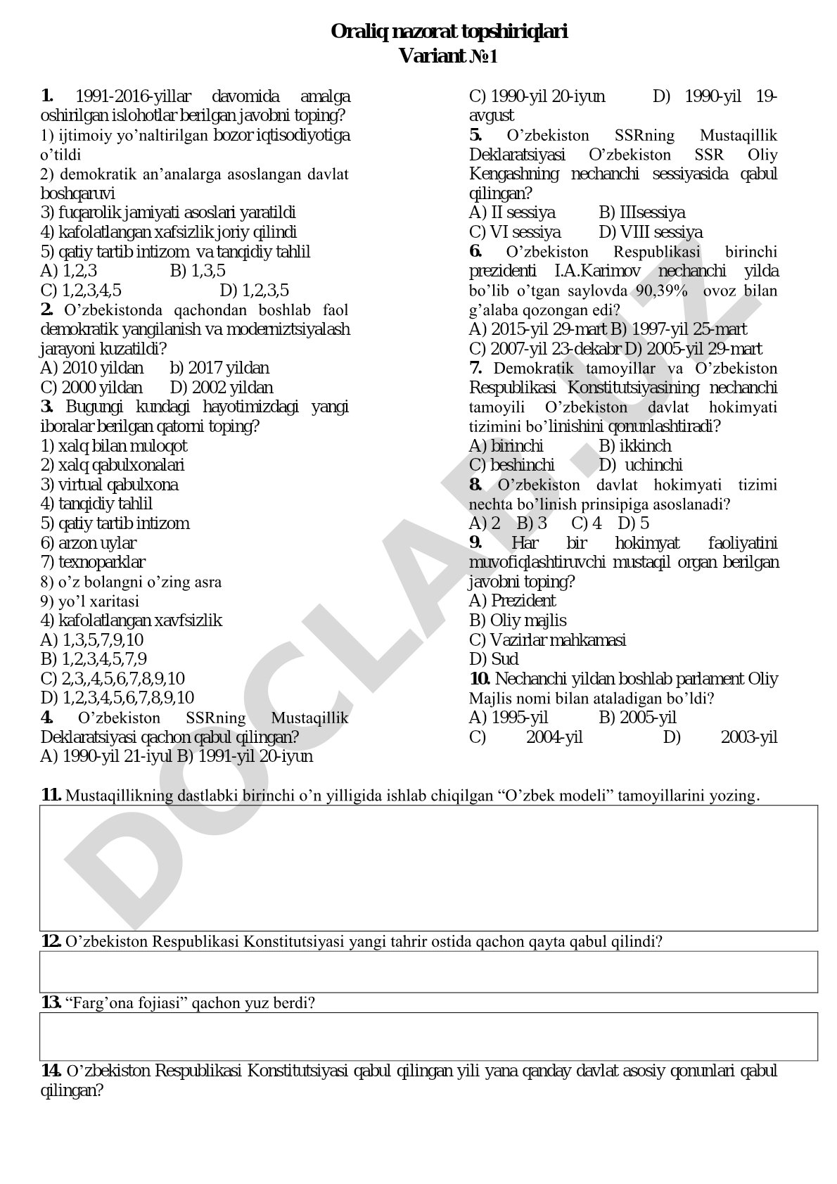 O'zbekiston mustaqilligi va islohotlar tarixidan test