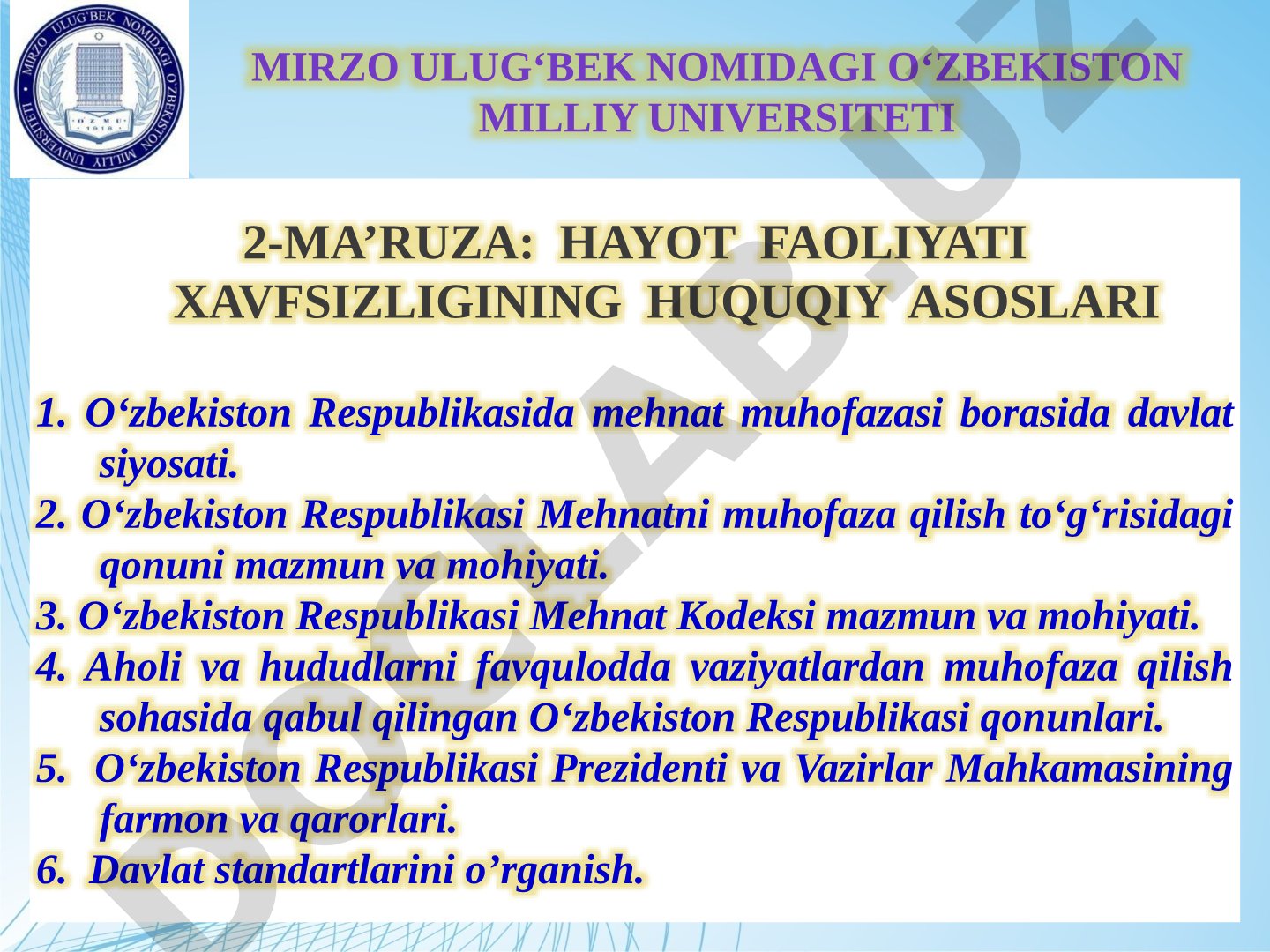 Hayot faoliyati xavfsizligining huquqiy asoslari