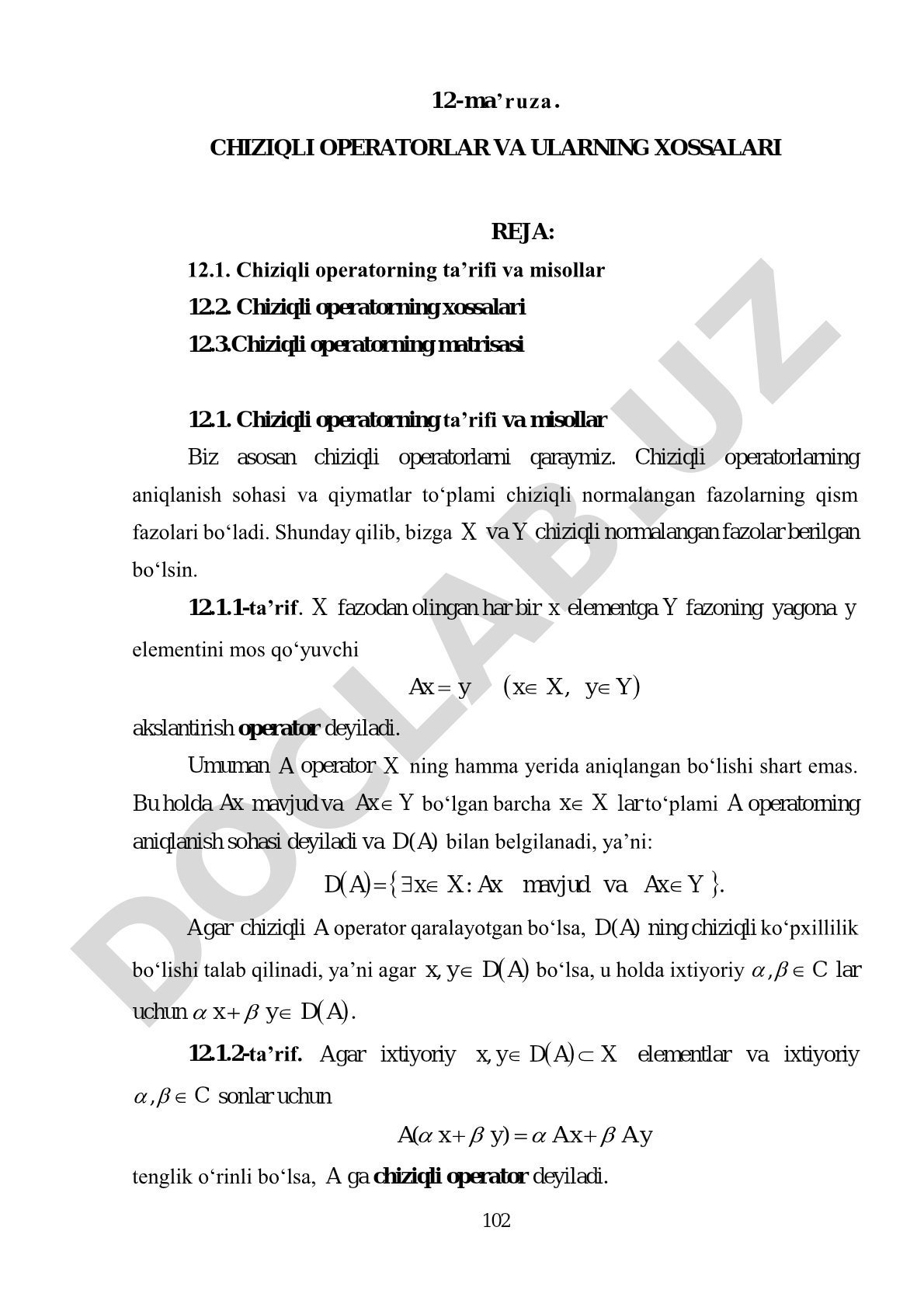 Chiziqli operatorlar va ularning xossalari