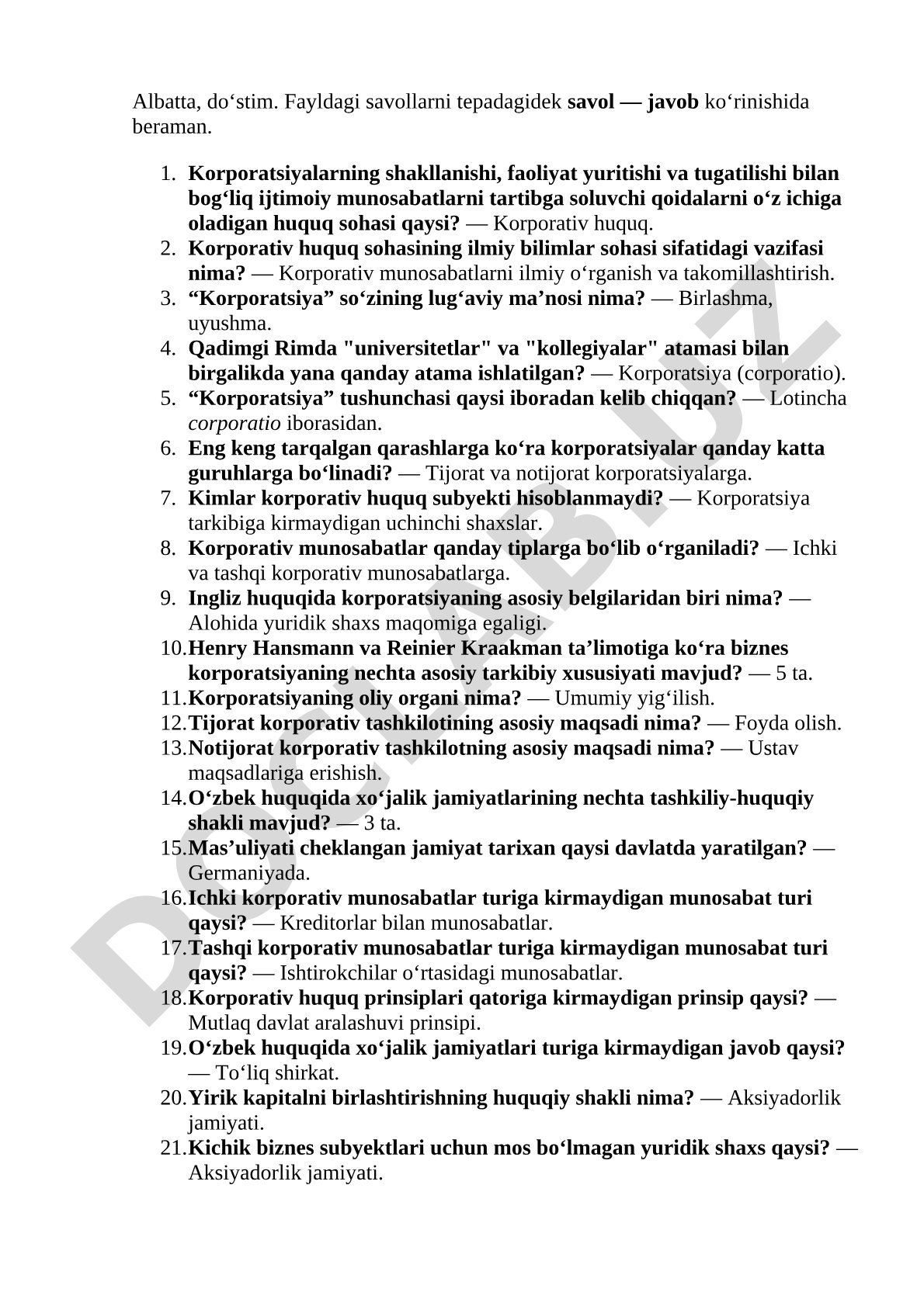 Korporativ huquq bo'yicha savol-javoblar