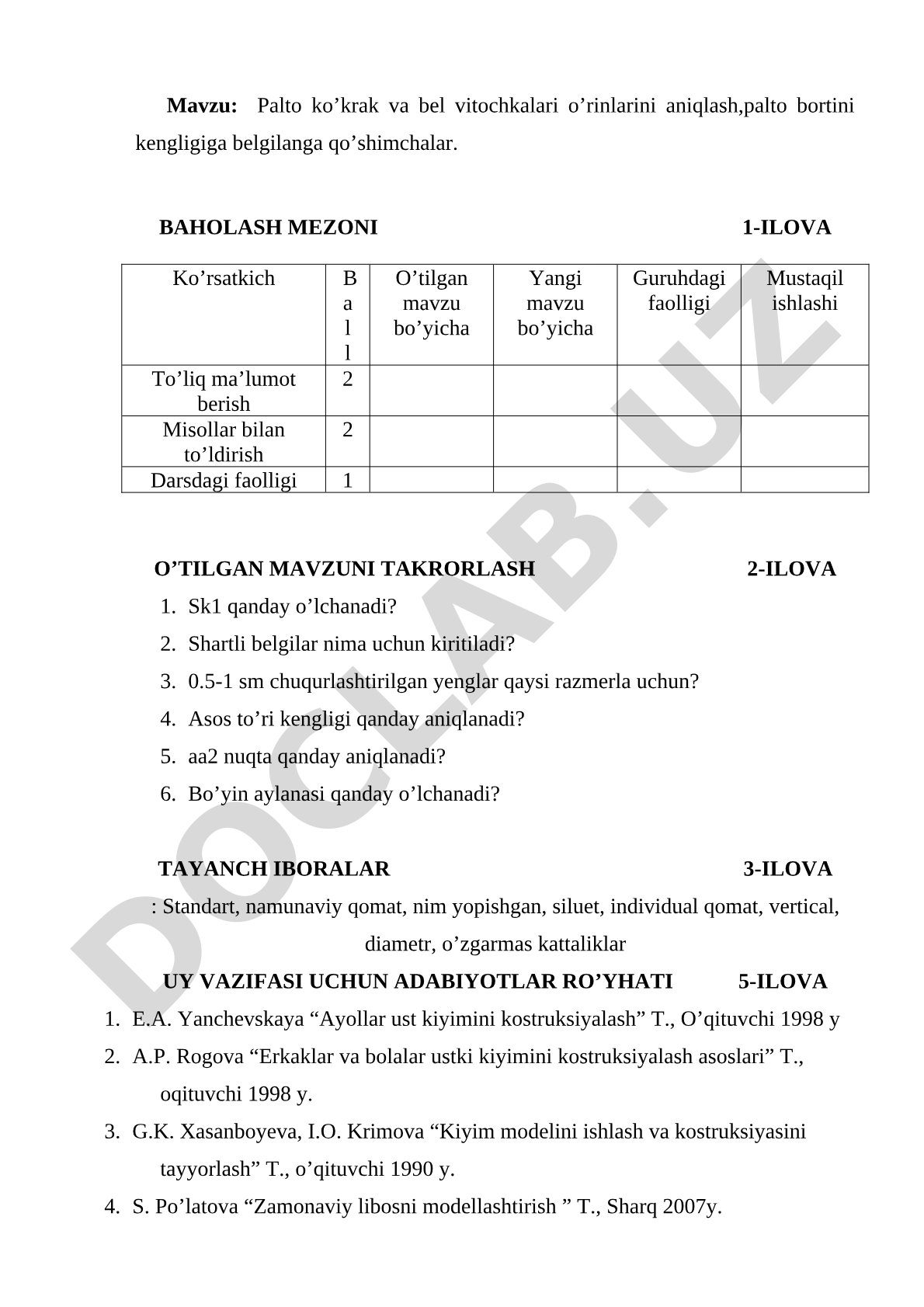 Palto ko'krak va bel vitochkalari o'rinlarini aniqlash, palto bortini kengligiga belgilangan qo'shimchalar