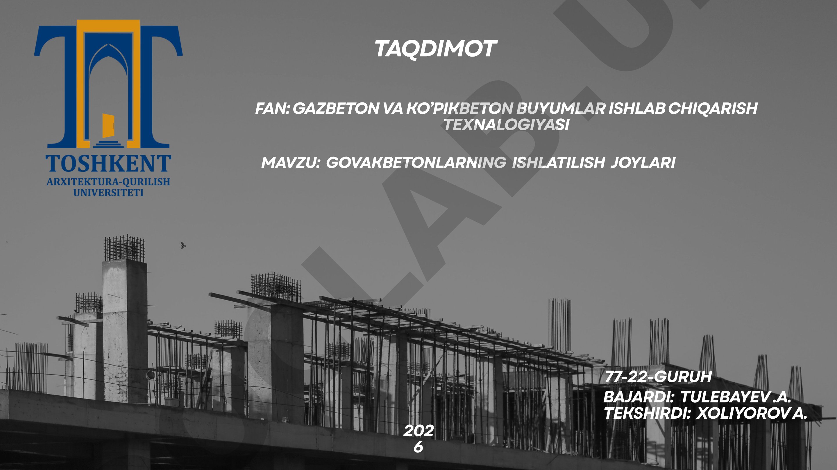 G'ovak beton tushunchasi, turlari, texnologiyasi va amaliy qo'llanilishi haqida taqdimot