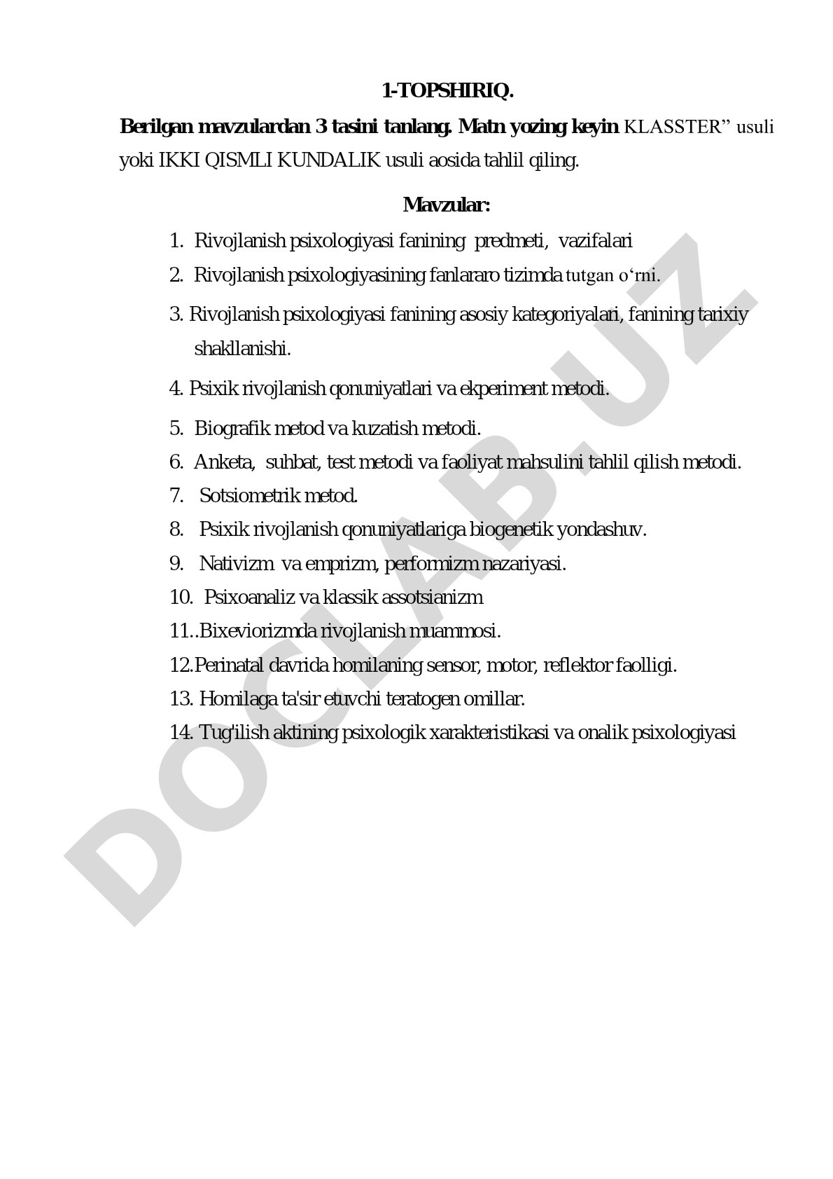 Rivojlanish psixologiyasi fanidan 1-topshiriq