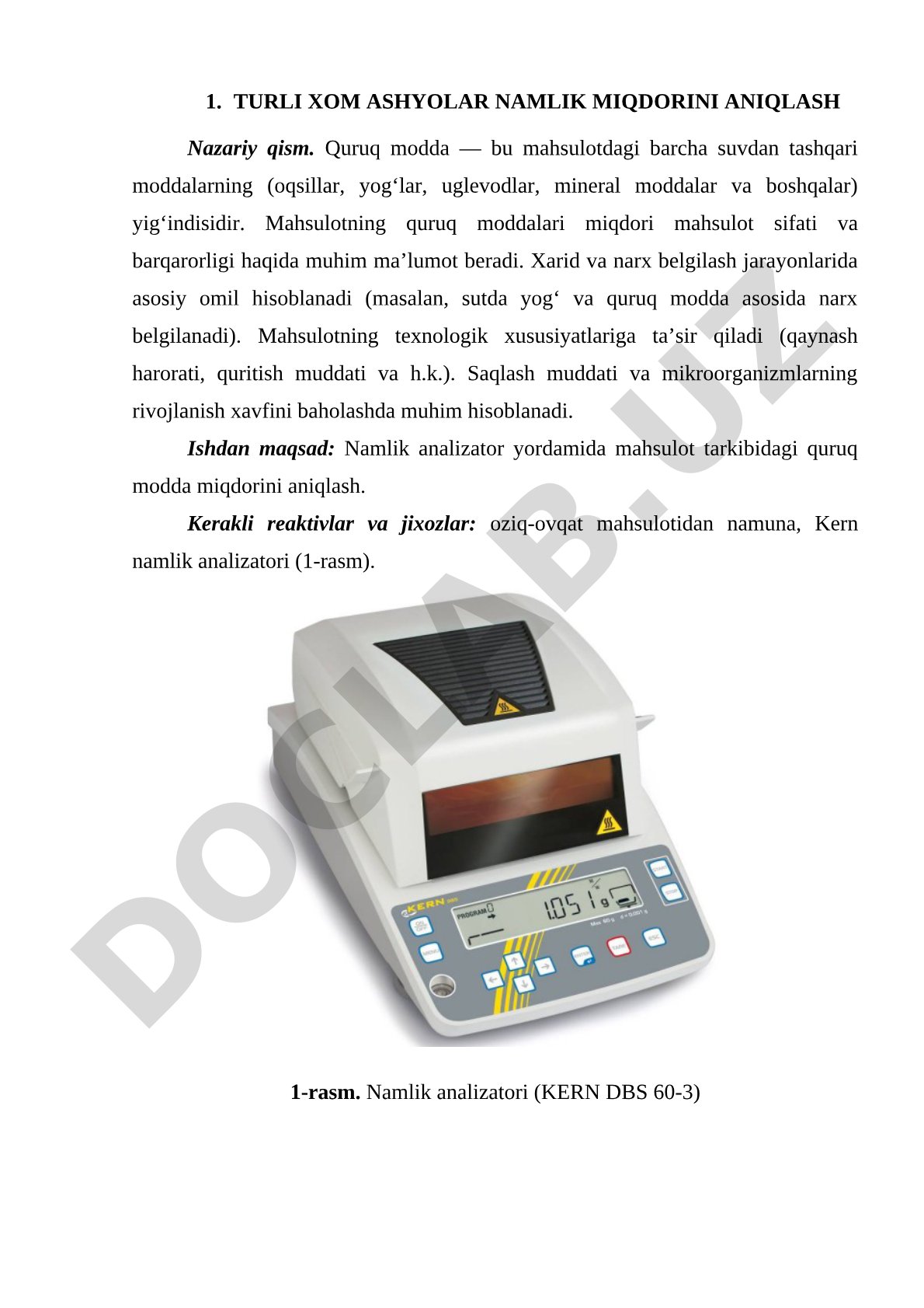 TURLI XOM ASHYOLAR NAMLIK MIQDORINI ANIQLASH
