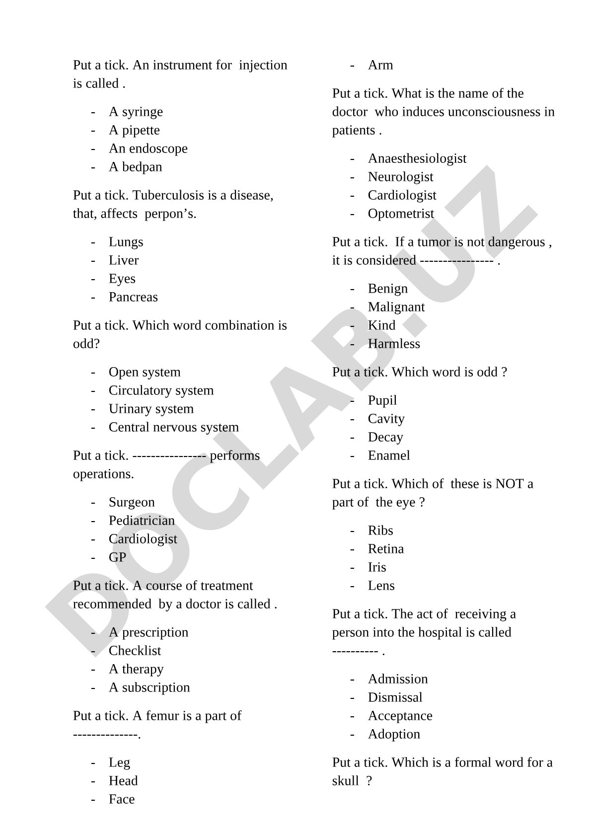 Medical terminology quiz questions