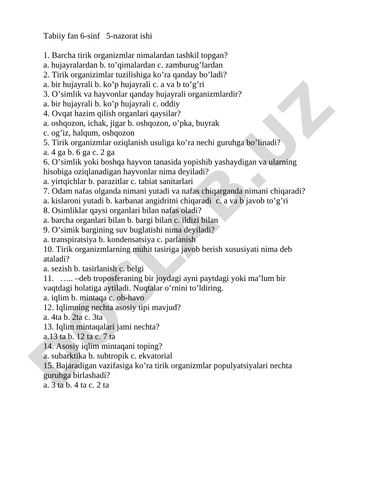 Tabiiy fan 6-sinf 5-nazorat ishi
