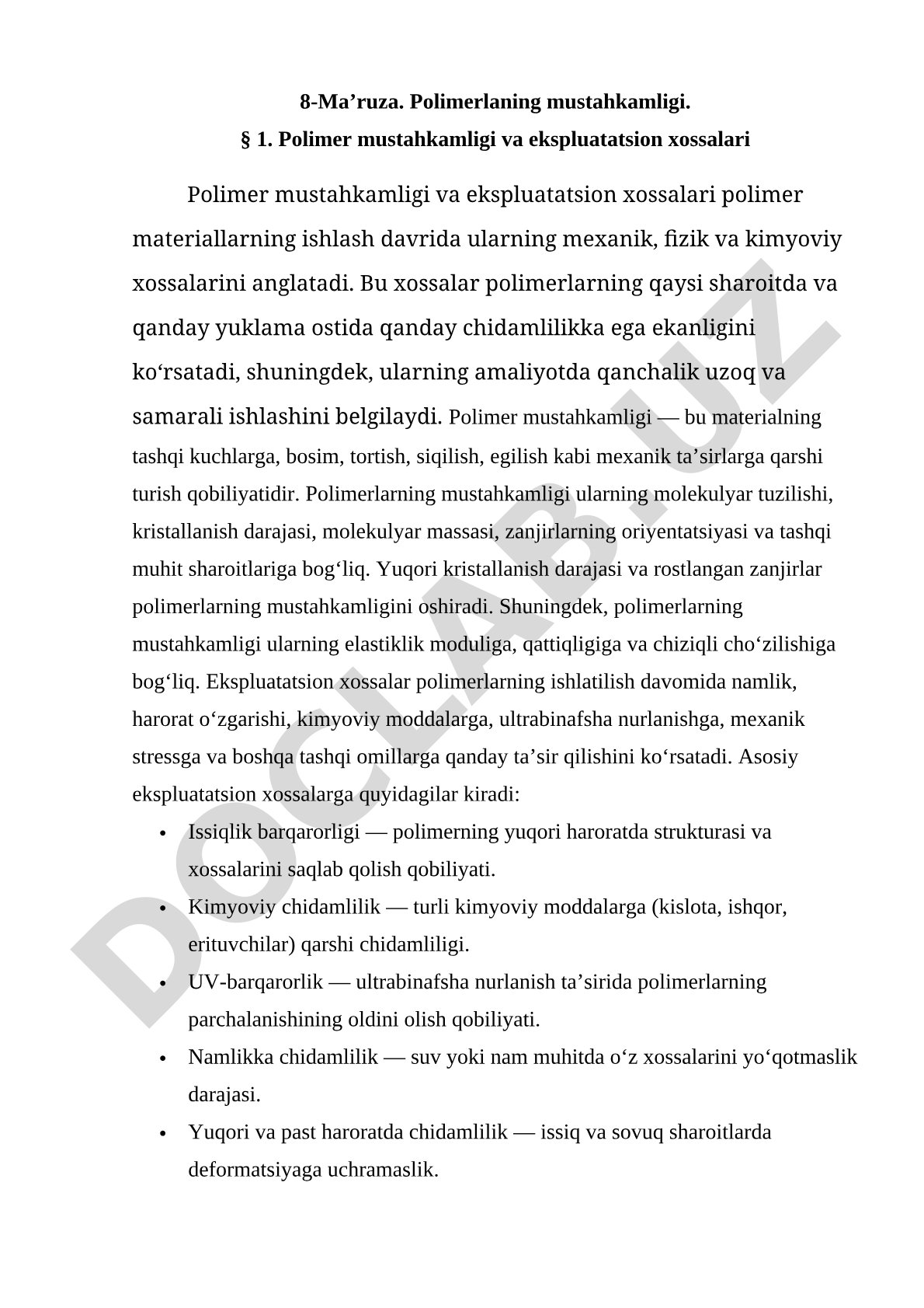 Polimerlarning mustahkamligi va ekspluatatsion xossalari
