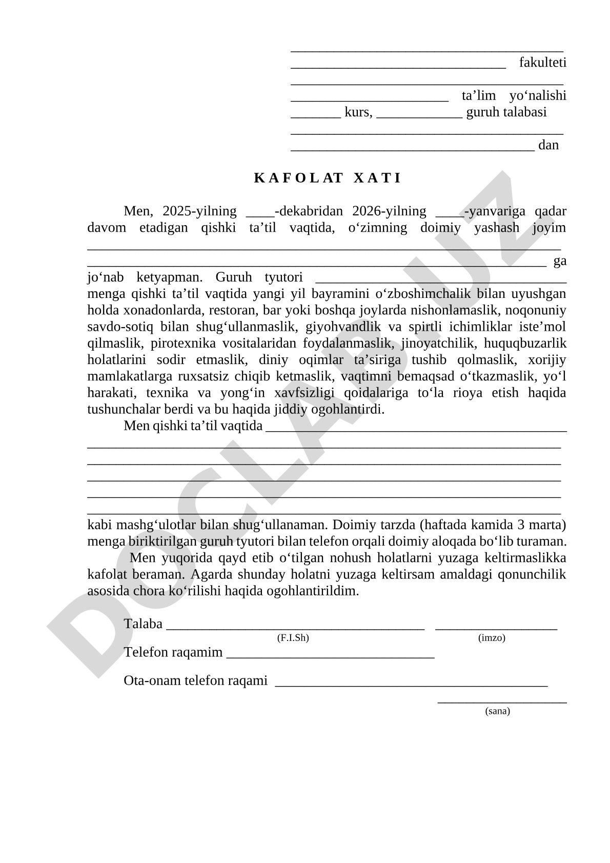 Qishki ta'til davrida xavfsizlik qoidalari haqida kafolat xati