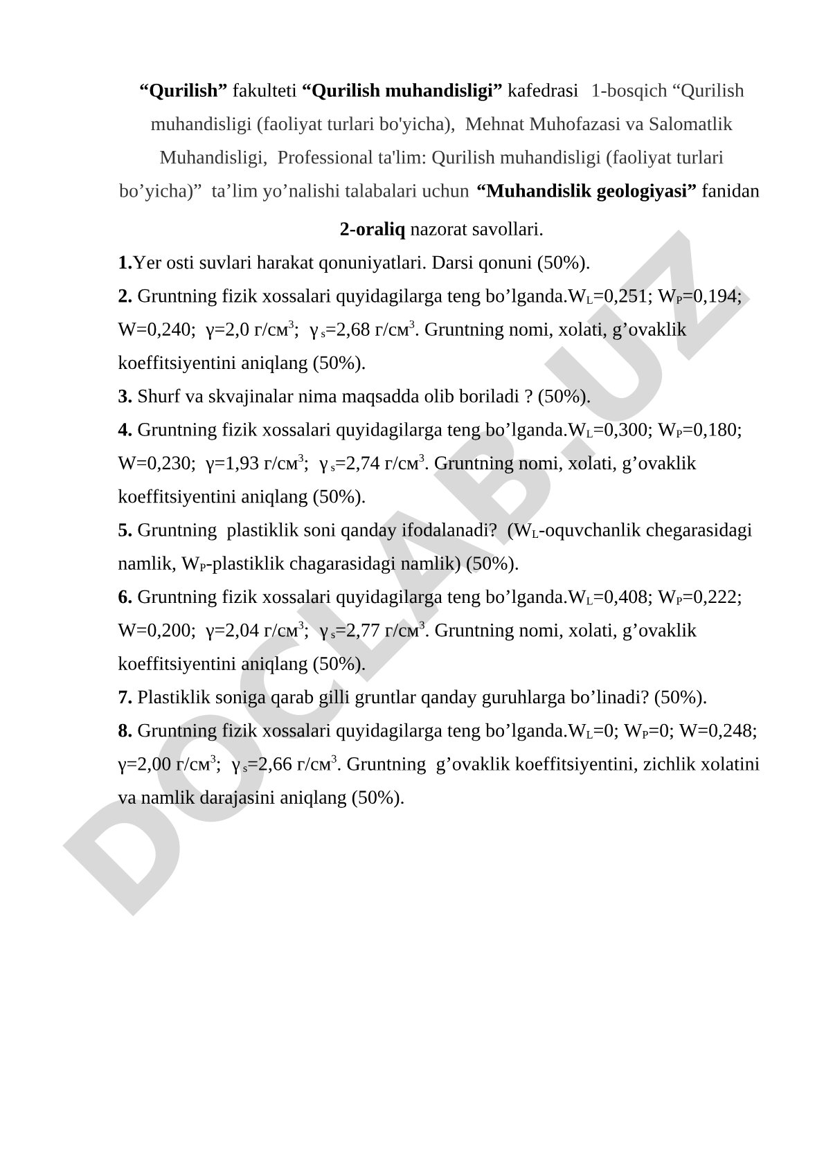 Muhandislik geologiyasi fanidan 2-oraliq nazorat savollari