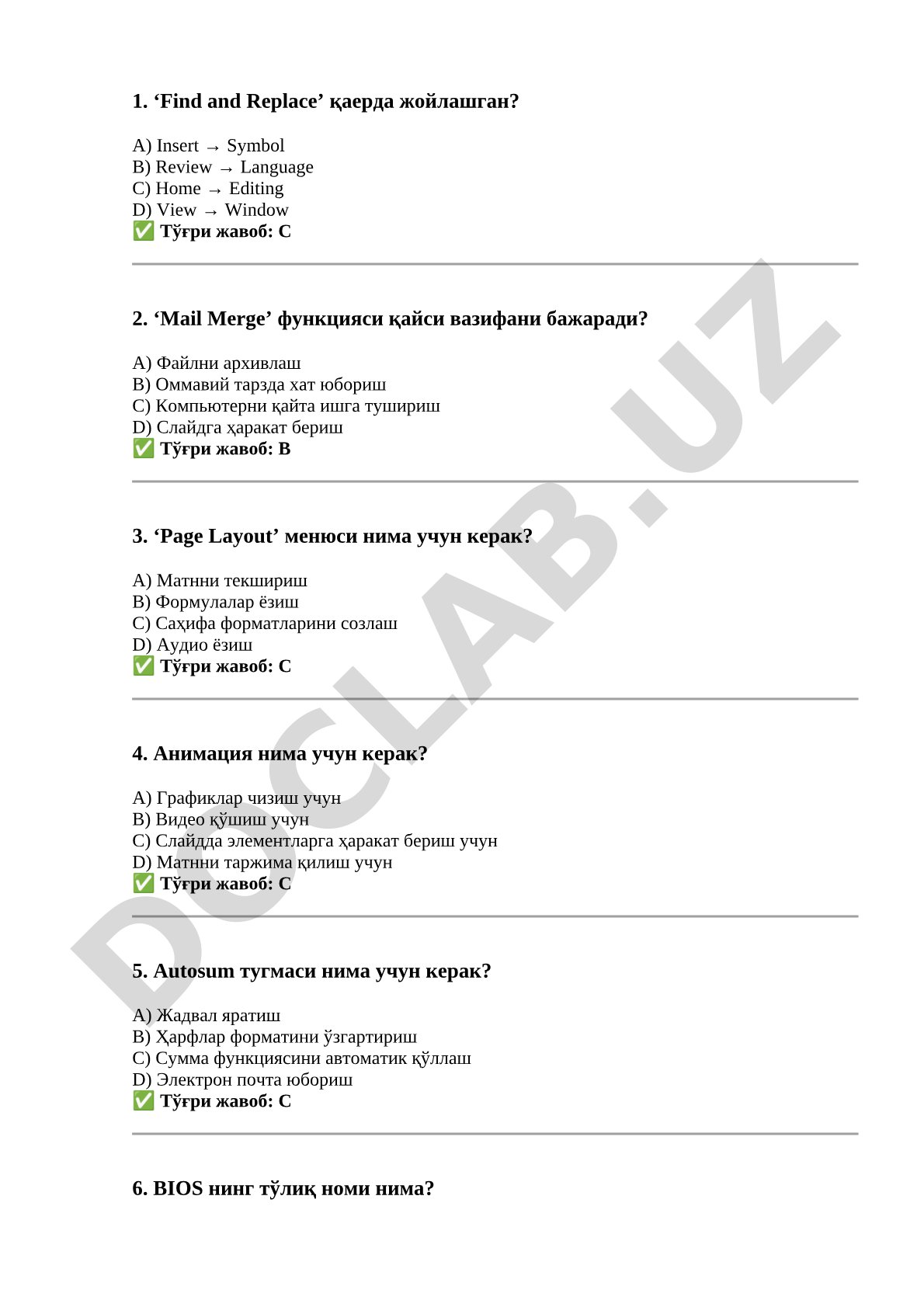 Kompyuter savodxonligi bo'yicha test savollari