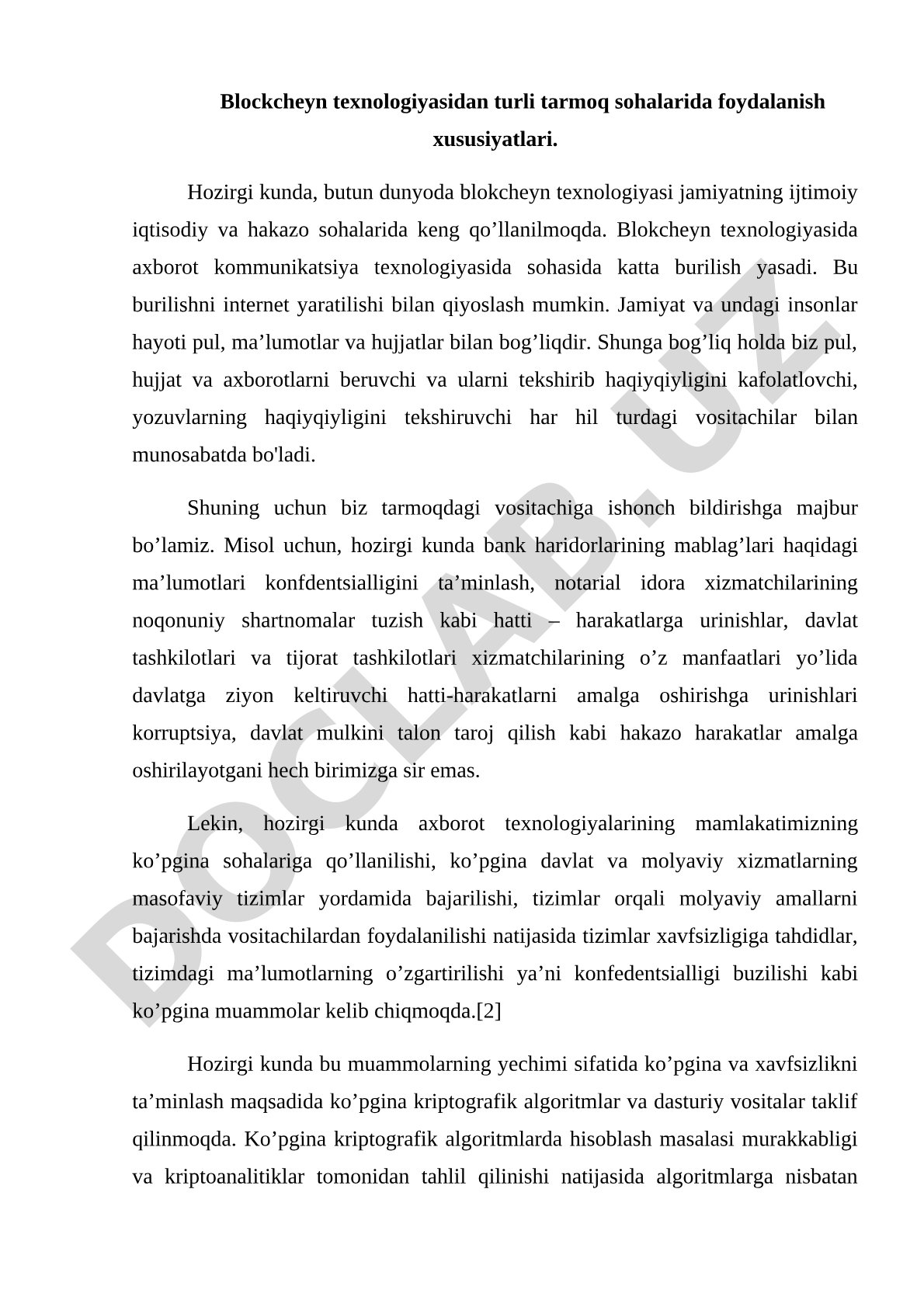 Blokcheyn texnologiyasidan turli tarmoq sohalarida foydalanish xususiyatlari