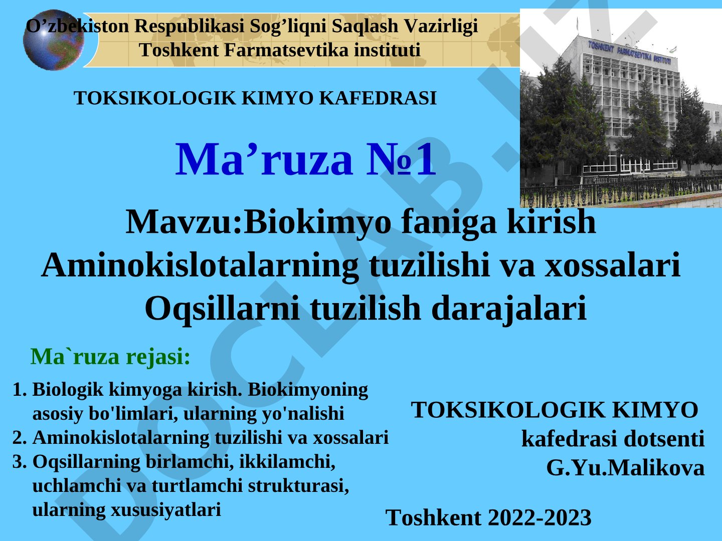 Biokimyo faniga kirish. Aminokislotalarning tuzilishi va xossalari. Oqsillarni tuzilish darajalari