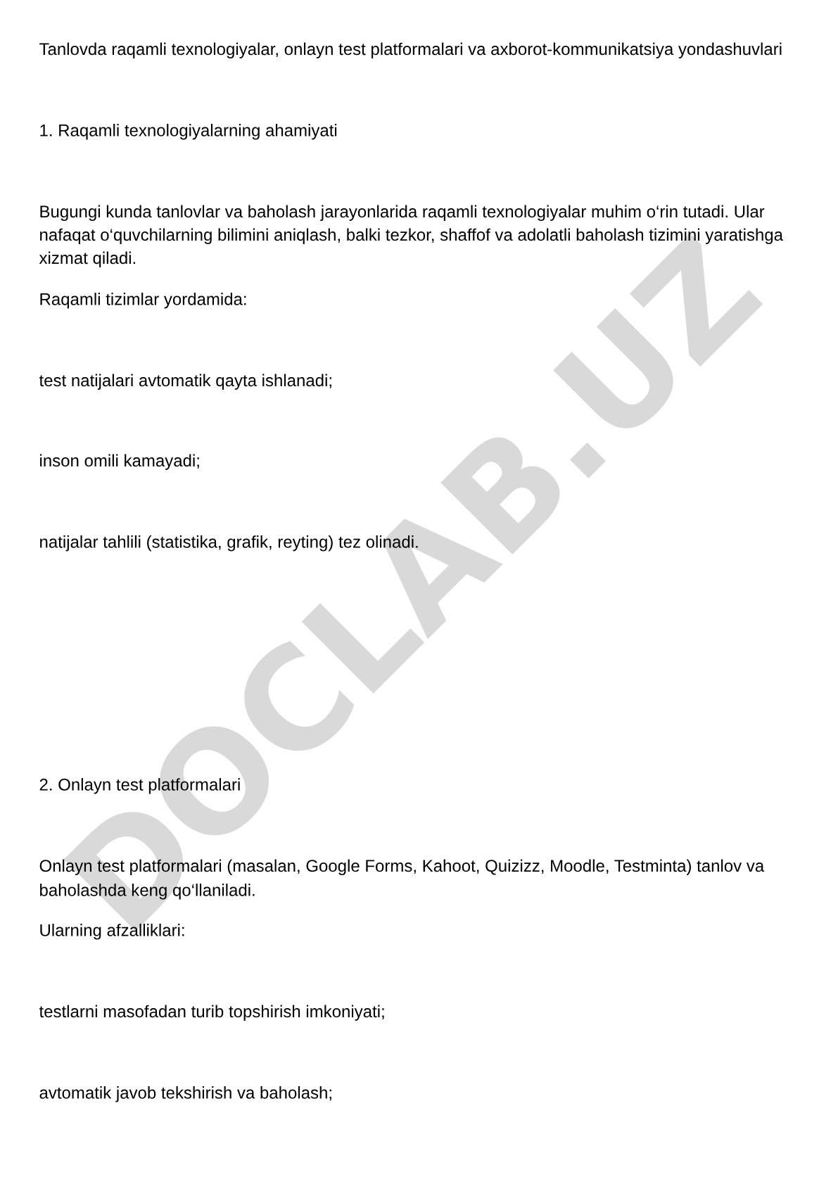 Tanlovlarda raqamli texnologiyalar va onlayn test platformalari