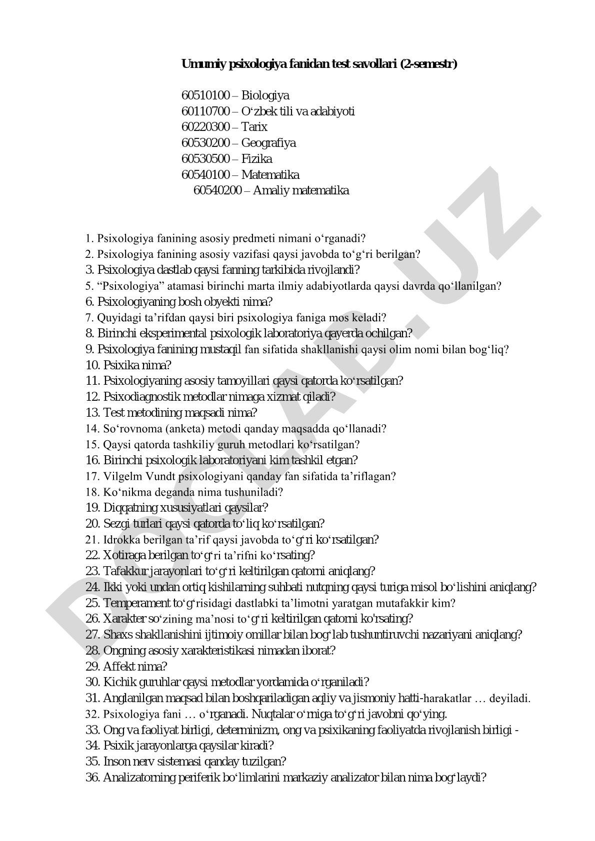 Umumiy psixologiya fanidan test savollari (2-semestr)