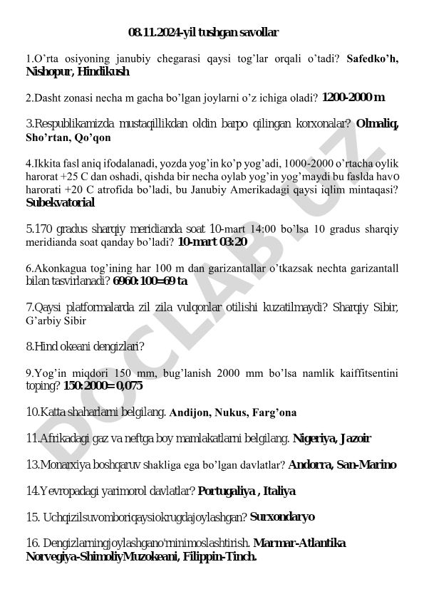 O'rta Osiyo geografiyasi va iqtisodiyoti bo'yicha savollar