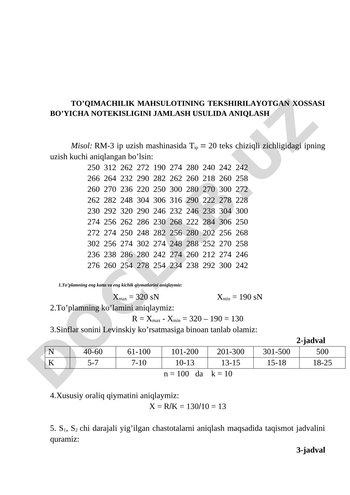 To’qimachilik mahsulotining tekshirilayotgan xossasi bo’yicha notekisligini jamlash usulida aniqlash