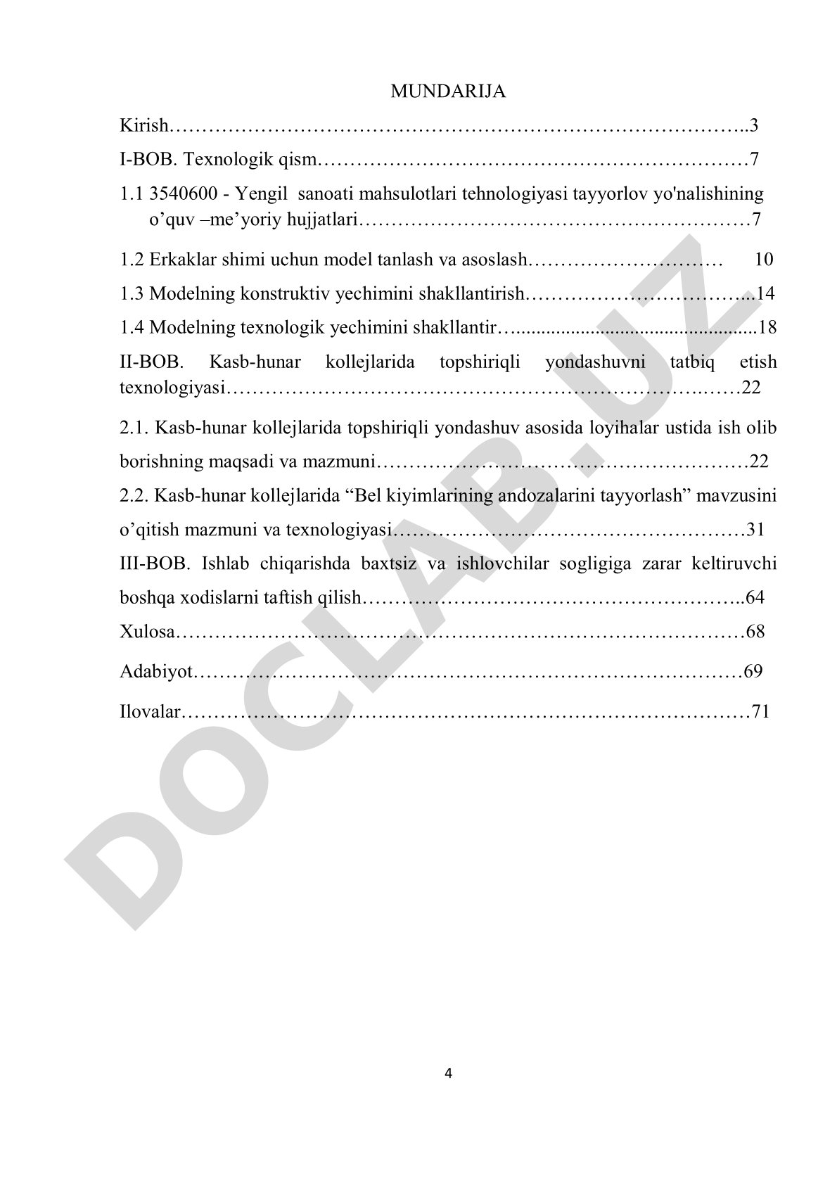 Bel kiyimlarining andozalarini tayyorlashni loyiha texnologiyasi