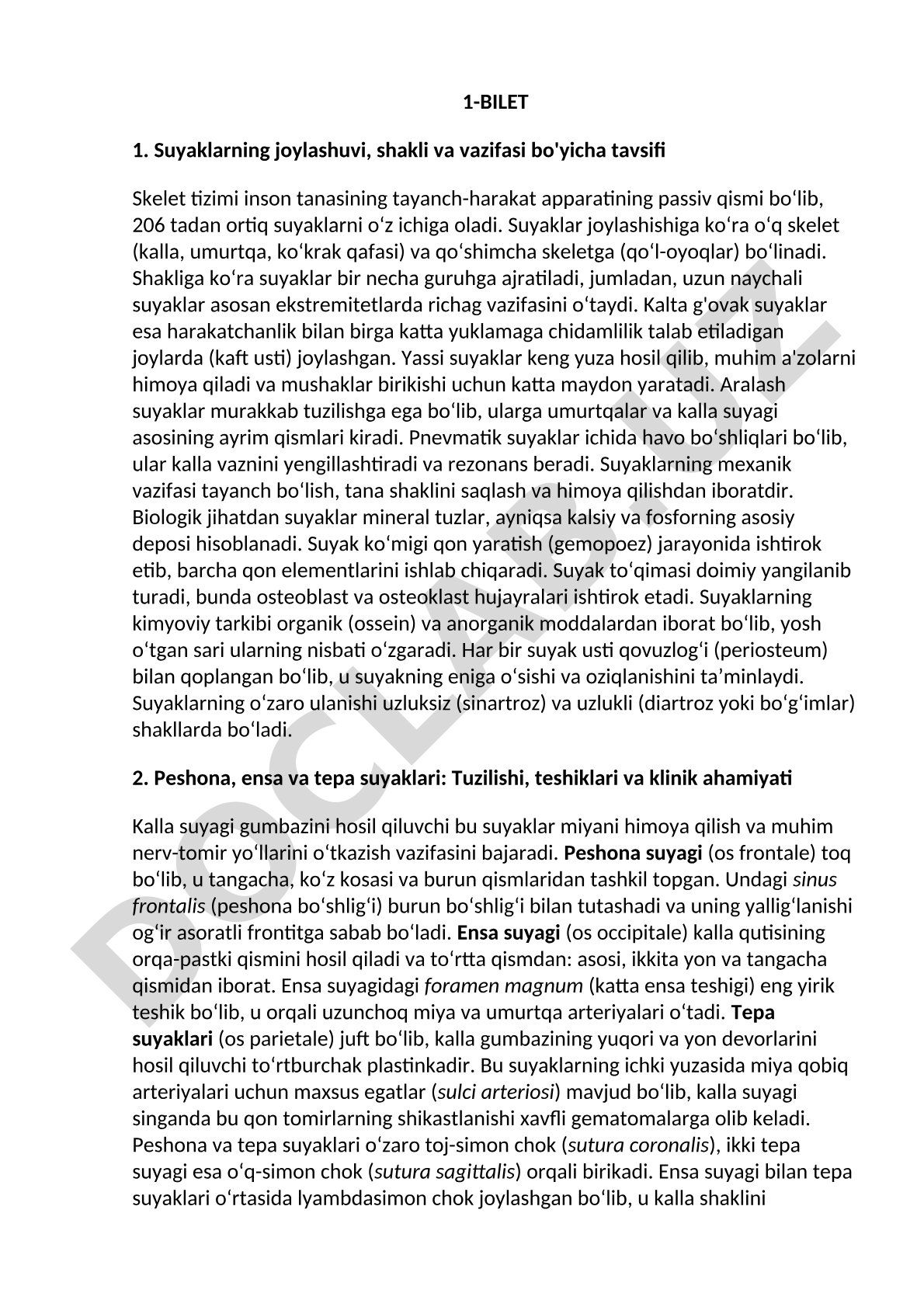 Suyaklarning joylashuvi, shakli va vazifasi bo'yicha tavsifi
